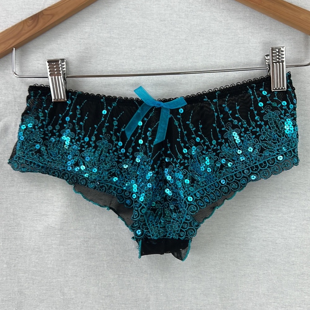 FREDERICK'S OF HOLLYWOOD Sequin Sheer Ruched Panty Size XL Black, Turquoise NWOT